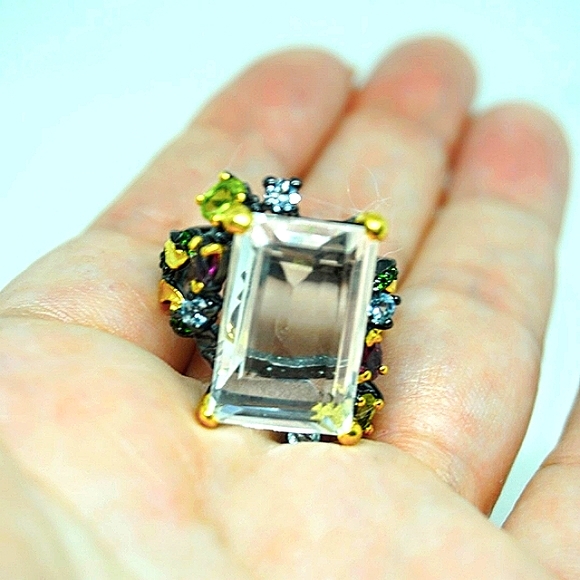 Solid Sterling Silver Clear Quartz + Gemstone Ring - Picture 5 of 7